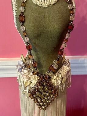 Chico's Brown and Clear Beaded Pendant Statement Necklace